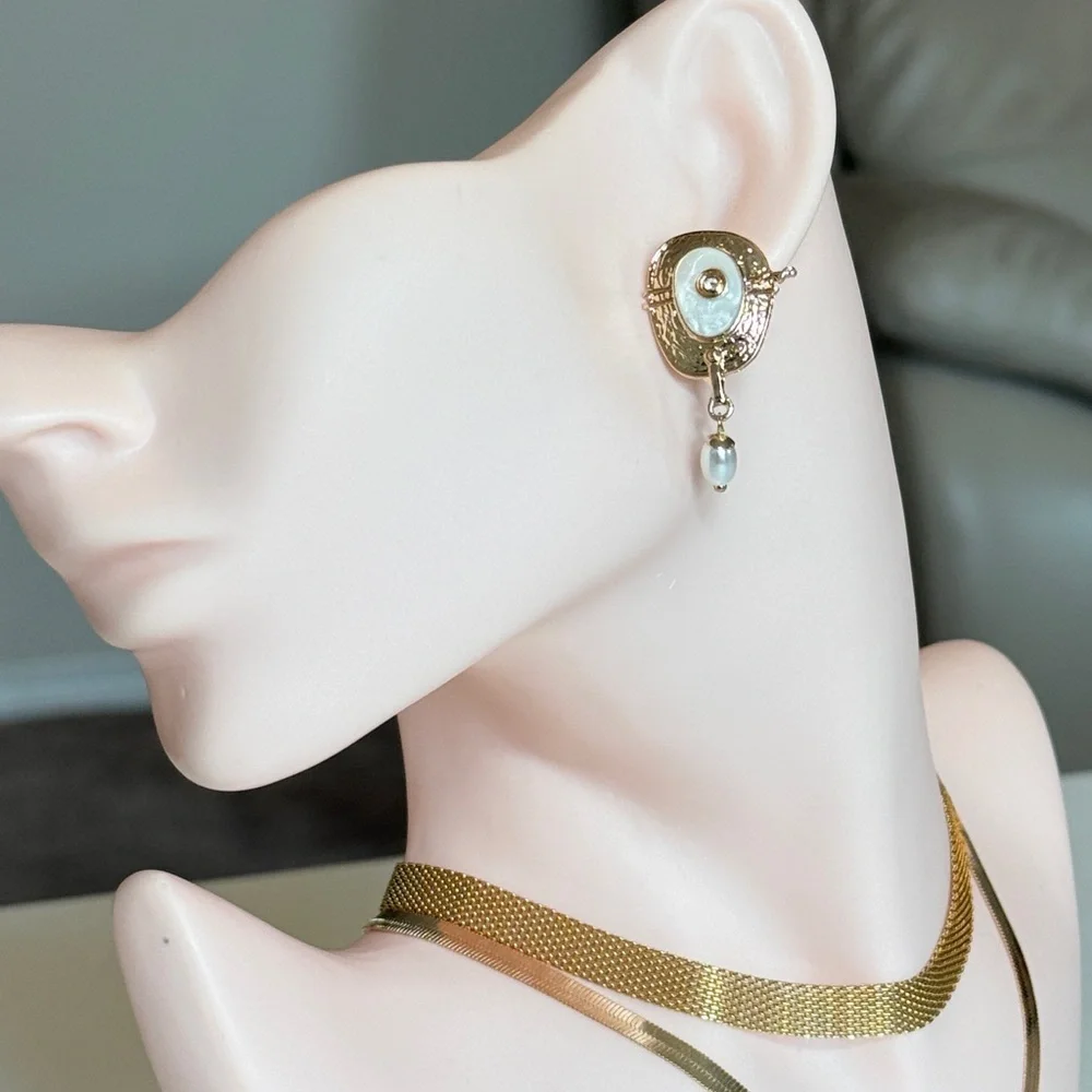 Gold and White Pearl Drop Earrings